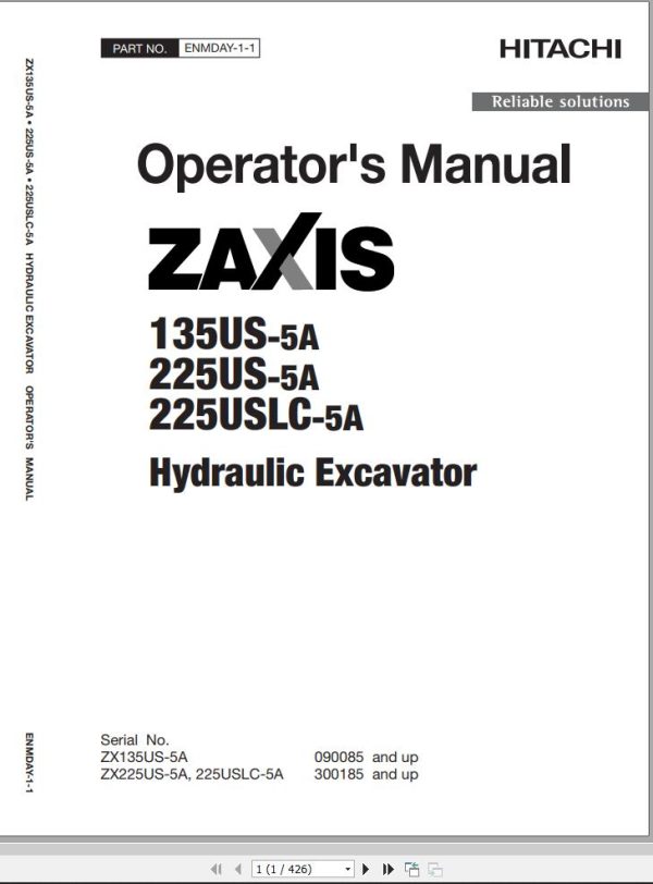Hitachi Hydraulic Excavator ZX135US 5A Operators Manual