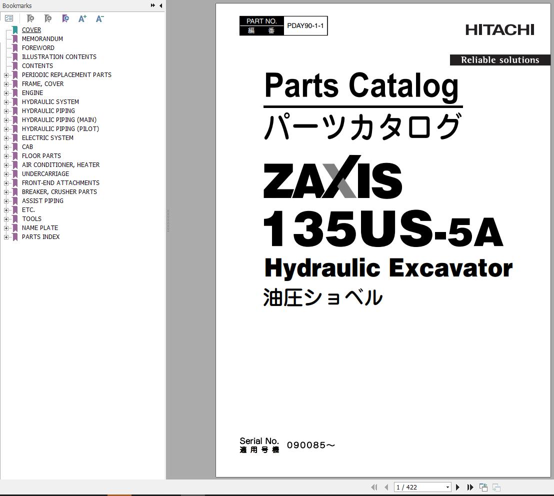 Hitachi Hydraulic Excavator ZX135US 5A Parts Catalog EN JP