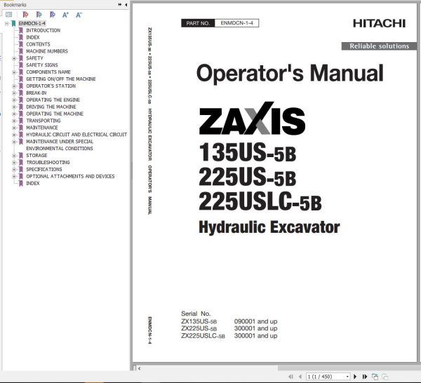 Hitachi Hydraulic Excavator ZX135US 5B ZX225US 5B ZX225USLC 5B Operators Manual