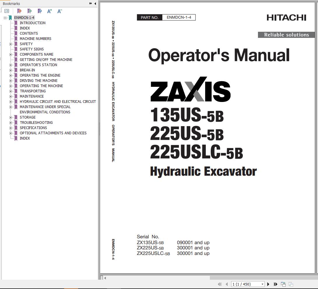 Hitachi Hydraulic Excavator ZX135US 5B ZX225US 5B ZX225USLC 5B Operators Manual