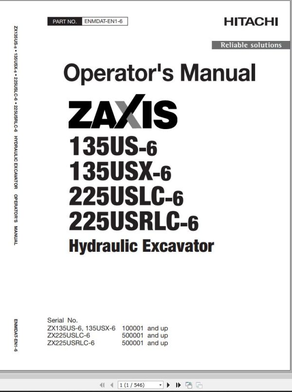 Hitachi Hydraulic Excavator ZX135US 6 Operators Manual