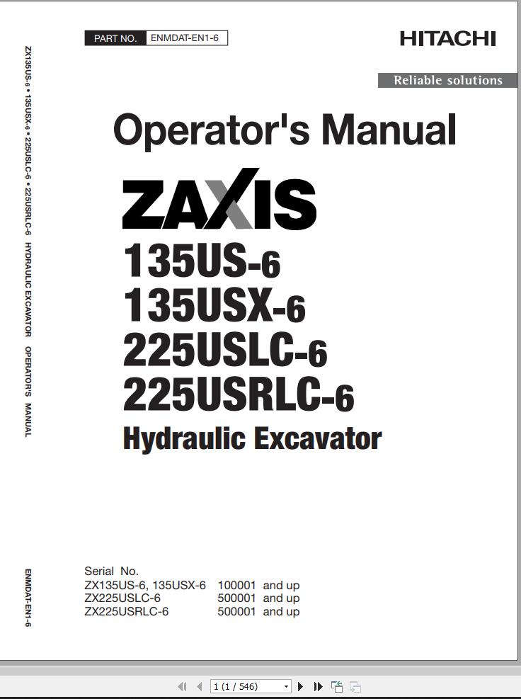 Hitachi Hydraulic Excavator ZX135US 6 Operators Manual