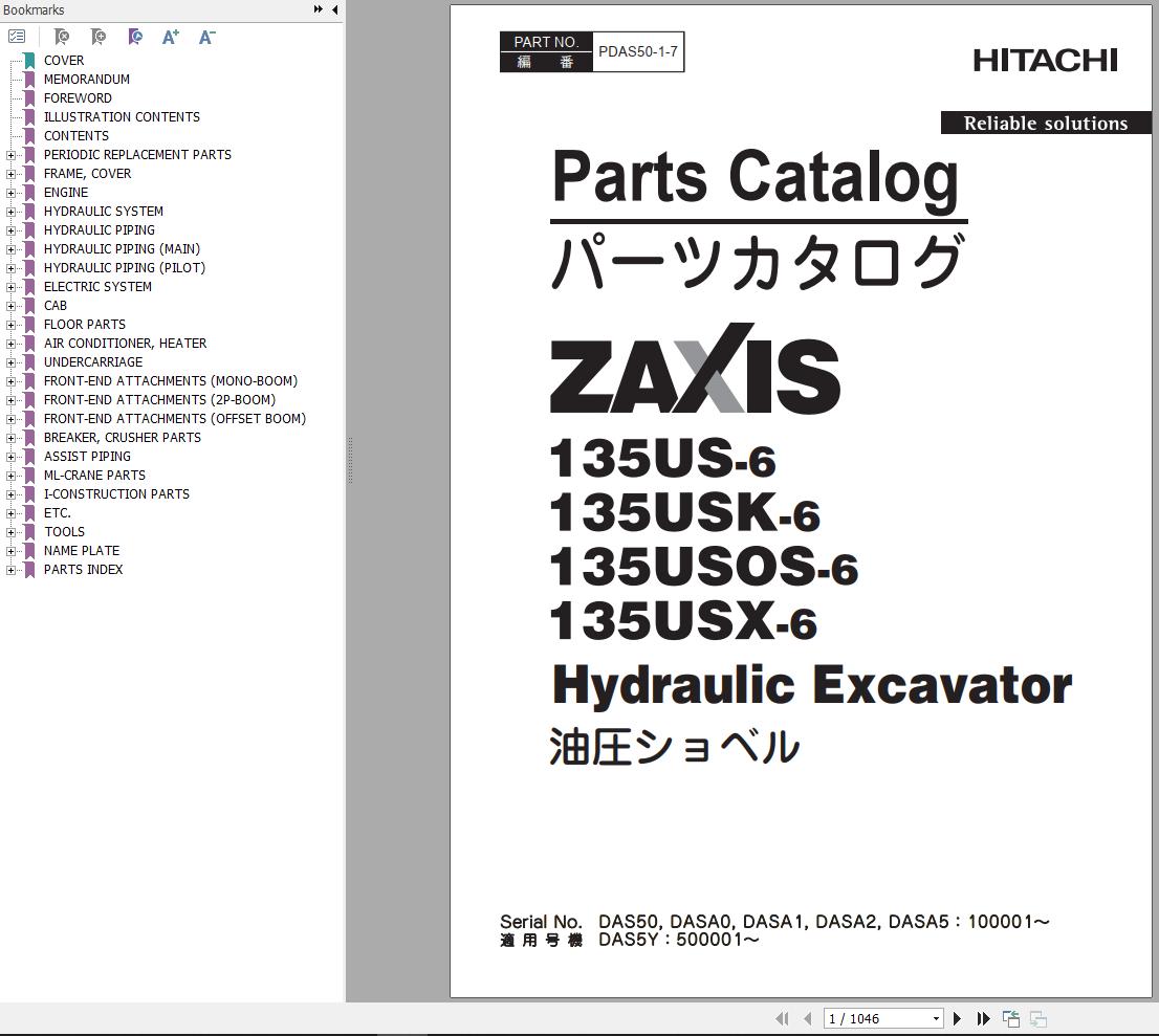 Hitachi Hydraulic Excavator ZX135US 6 ZX135USK 6 Parts Catalog EN JP