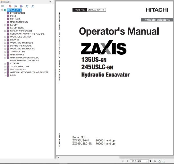 Hitachi Hydraulic Excavator ZX135US 6N ZX245USLC 6N Operators Manual