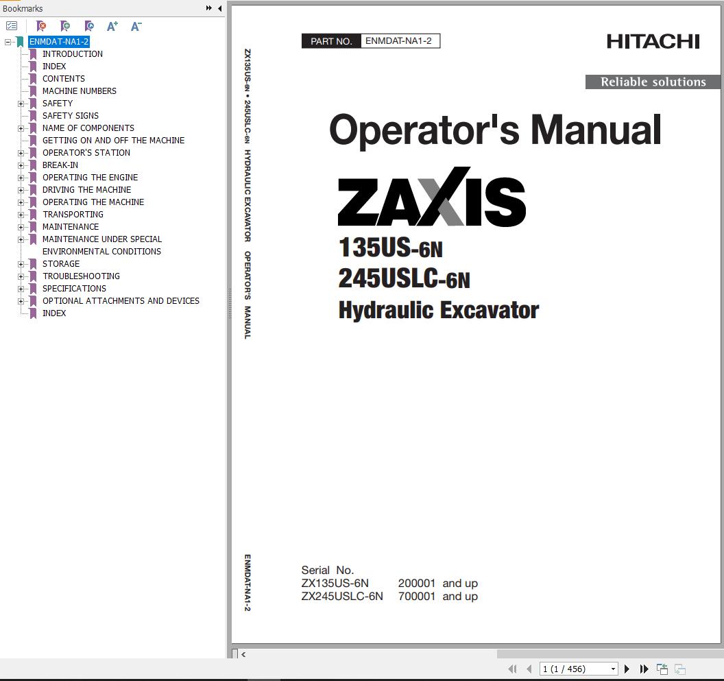 Hitachi Hydraulic Excavator ZX135US 6N ZX245USLC 6N Operators Manual