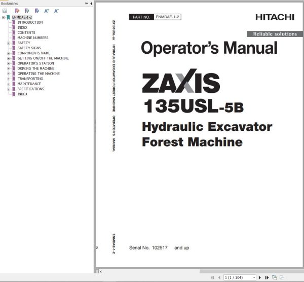 Hitachi Hydraulic Excavator ZX135USL 5B Operators Manual