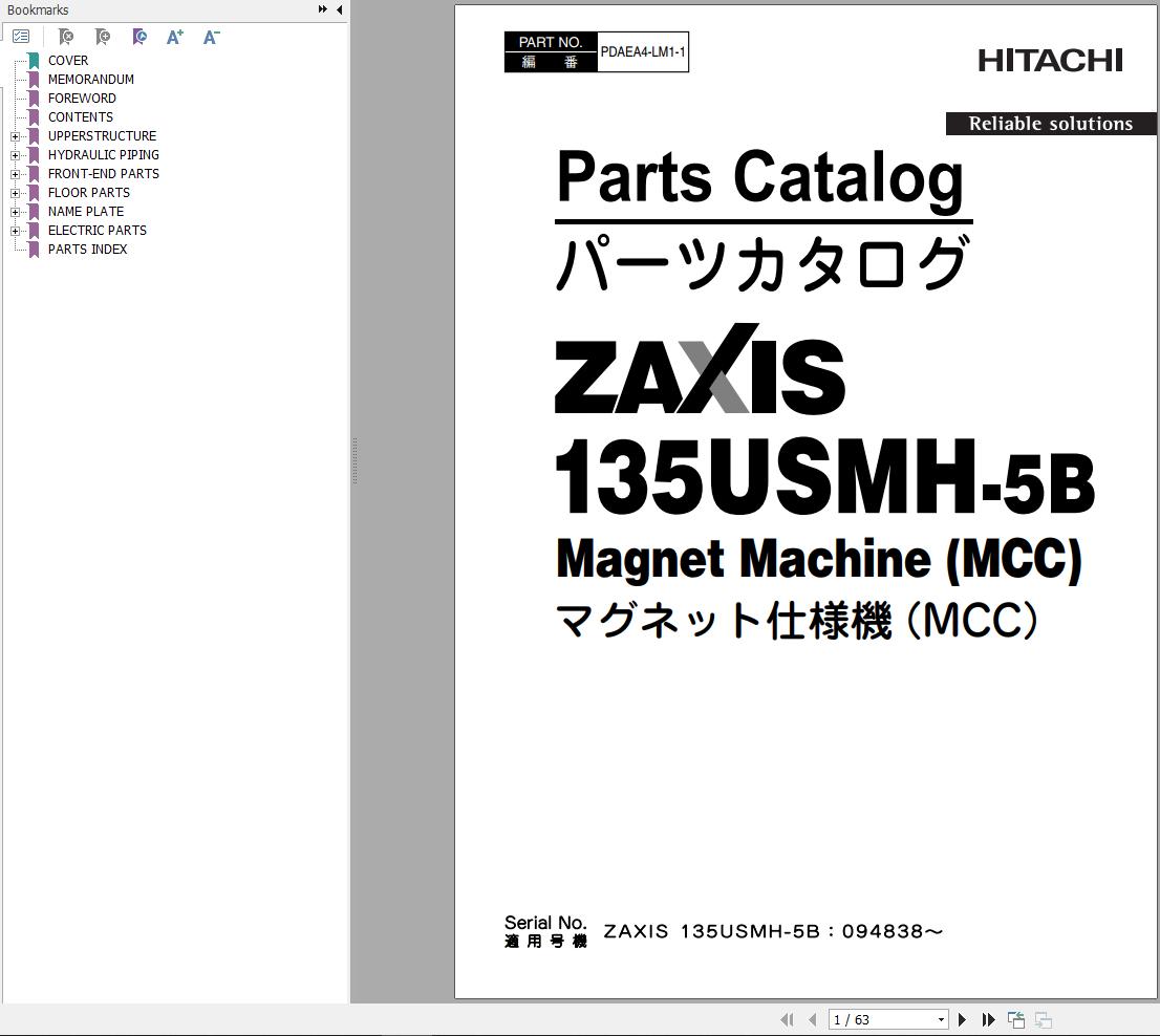 Hitachi Hydraulic Excavator ZX135USMH 5B Parts Catalog EN JP
