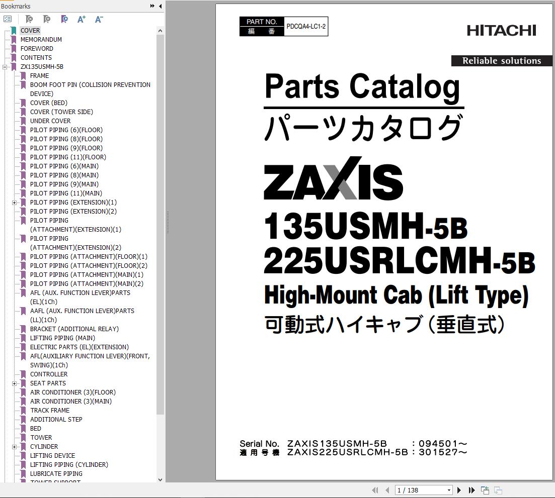 Hitachi Hydraulic Excavator ZX135USMH 5B ZX225USRLCMH 5B Parts Catalog