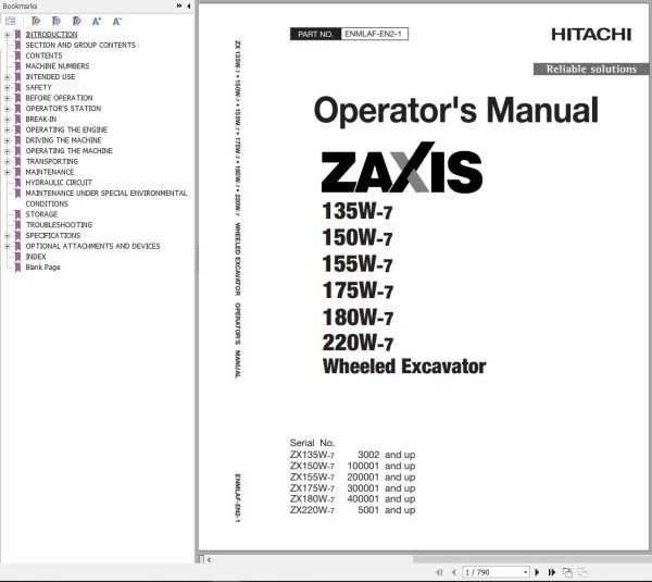 Hitachi Hydraulic Excavator ZX135W 7 Operators Manual ENMLAF EN2 1