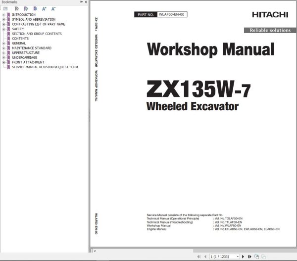 Hitachi Hydraulic Excavator ZX135W 7 Workshop Manual WLAF50 EN 00