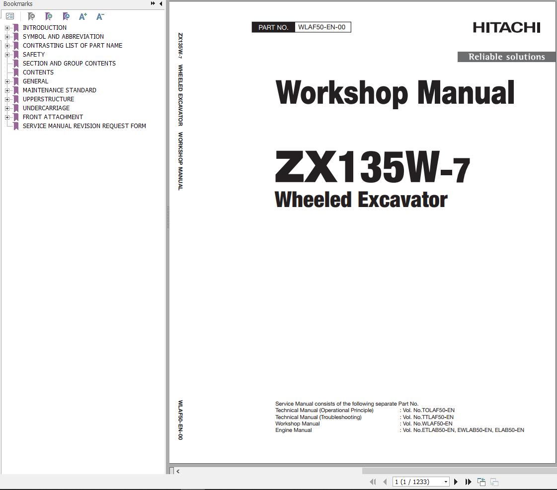 Hitachi Hydraulic Excavator ZX135W 7 Workshop Manual WLAF50 EN 00