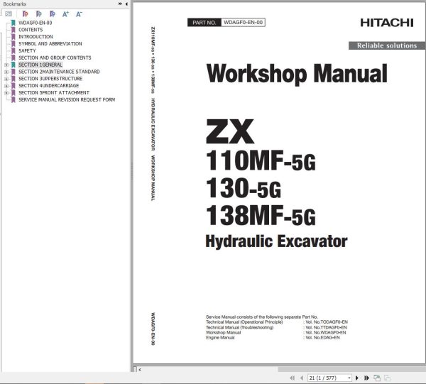 Hitachi Hydraulic Excavator ZX138MF 5G Workshop Manual
