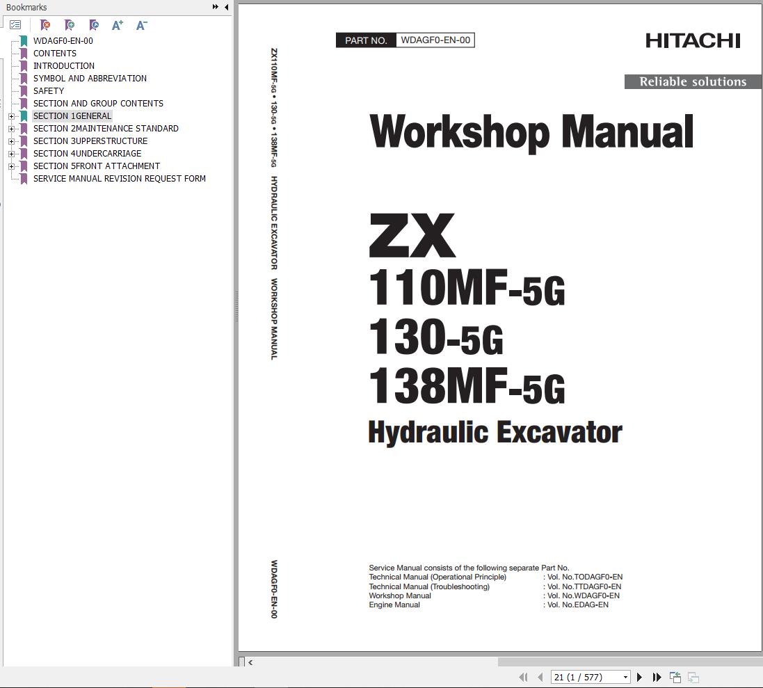 Hitachi Hydraulic Excavator ZX138MF 5G Workshop Manual