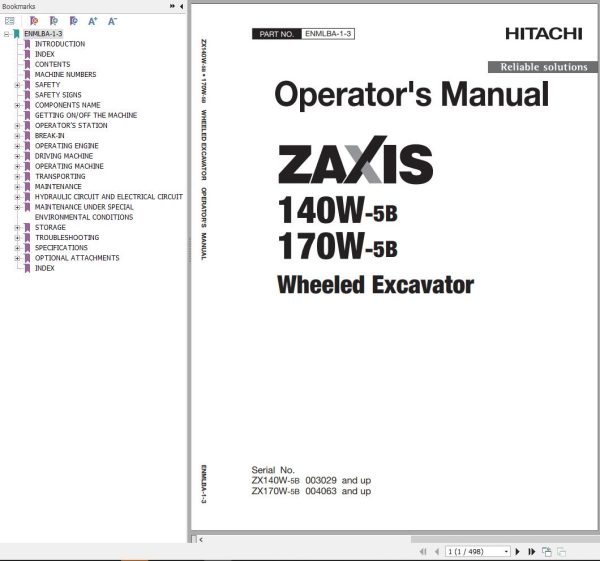 Hitachi Hydraulic Excavator ZX140W 5B Operators Manual ENMLBA 1 3