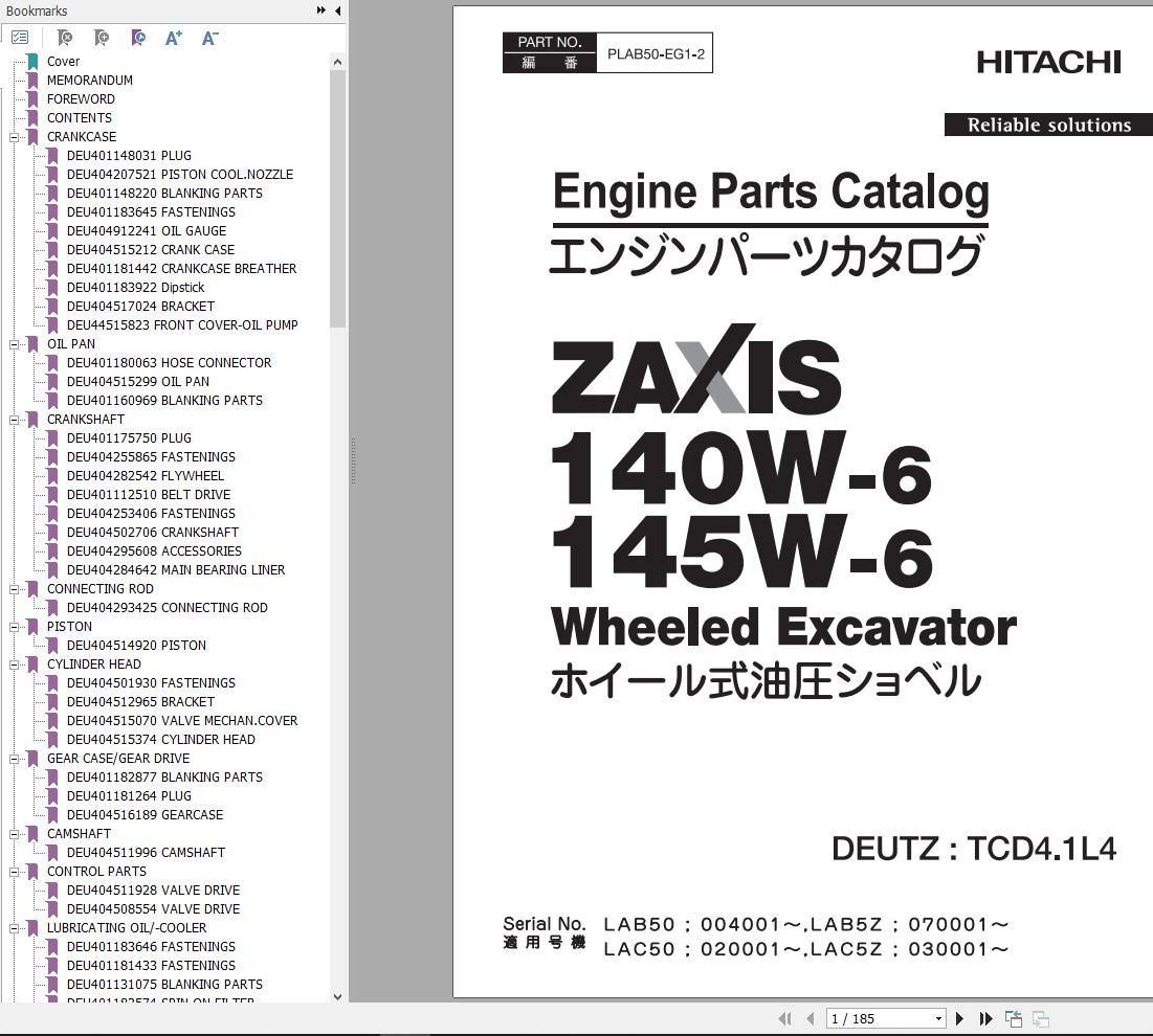 Hitachi Hydraulic Excavator ZX140W 6 Parts Catalog EN JP