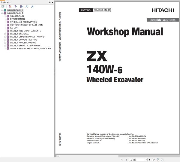 Hitachi Hydraulic Excavator ZX140W 6 Workshop Manual WLAB50 EN 01
