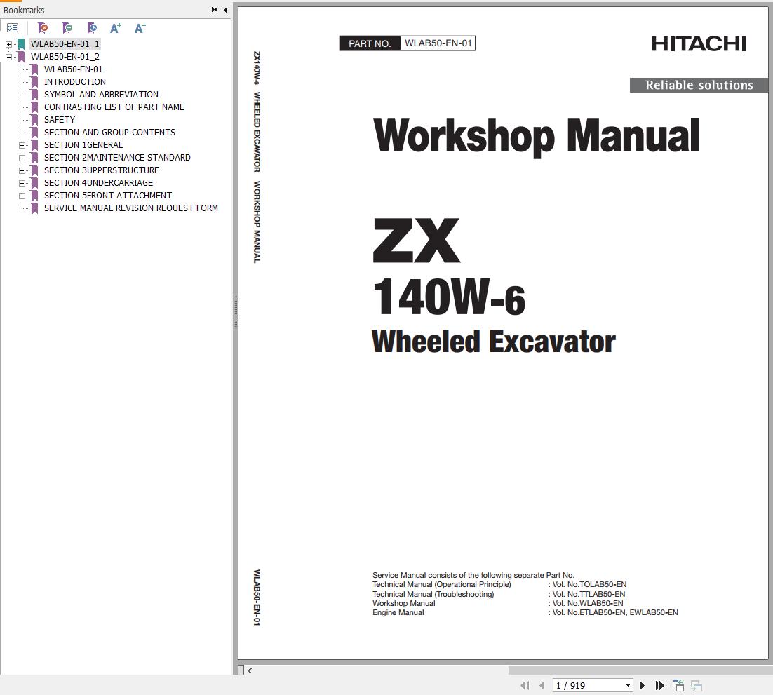 Hitachi Hydraulic Excavator ZX140W 6 Workshop Manual WLAB50 EN 01