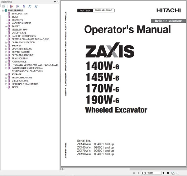 Hitachi Hydraulic Excavator ZX140W 6 to ZX190W 6 Operators Manual