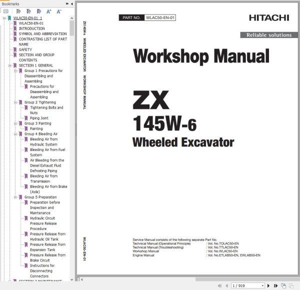 Hitachi Hydraulic Excavator ZX145W 6 Workshop Manual WLAC50 EN 01