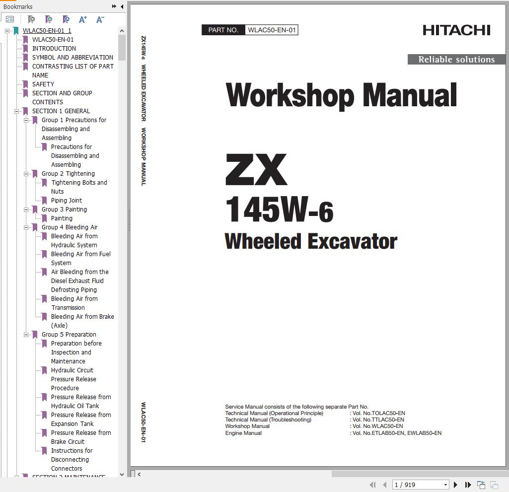 Hitachi Hydraulic Excavator ZX145W 6 Workshop Manual WLAC50 EN 01