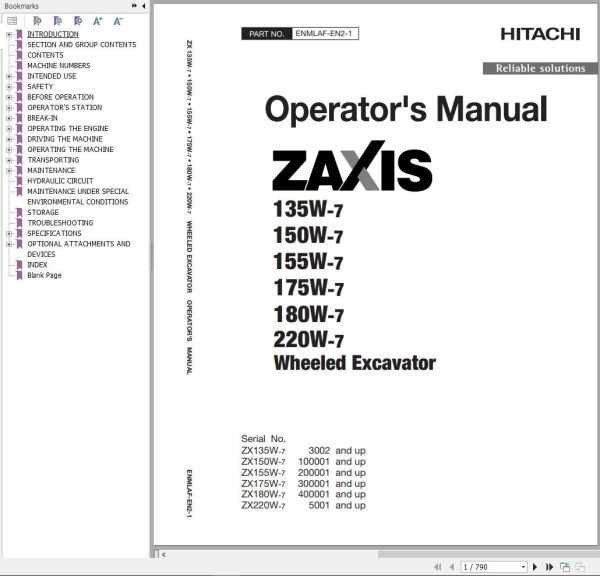 Hitachi Hydraulic Excavator ZX155W 7 Operators Manual ENMLAF EN2 1