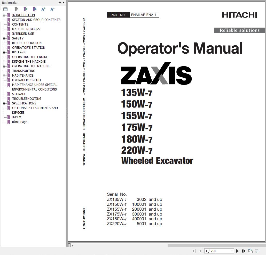 Hitachi Hydraulic Excavator ZX155W 7 Operators Manual ENMLAF EN2 1
