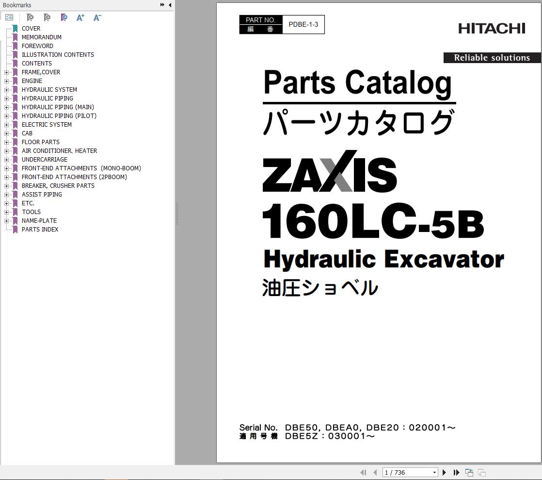 Hitachi Hydraulic Excavator ZX160LC 5B Parts Catalog EN JP
