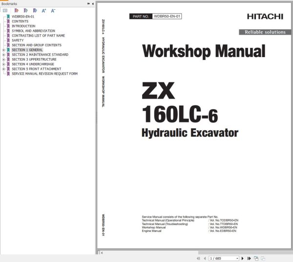 Hitachi Hydraulic Excavator ZX160LC 6 Workshop Manual WDBR50 EN 01