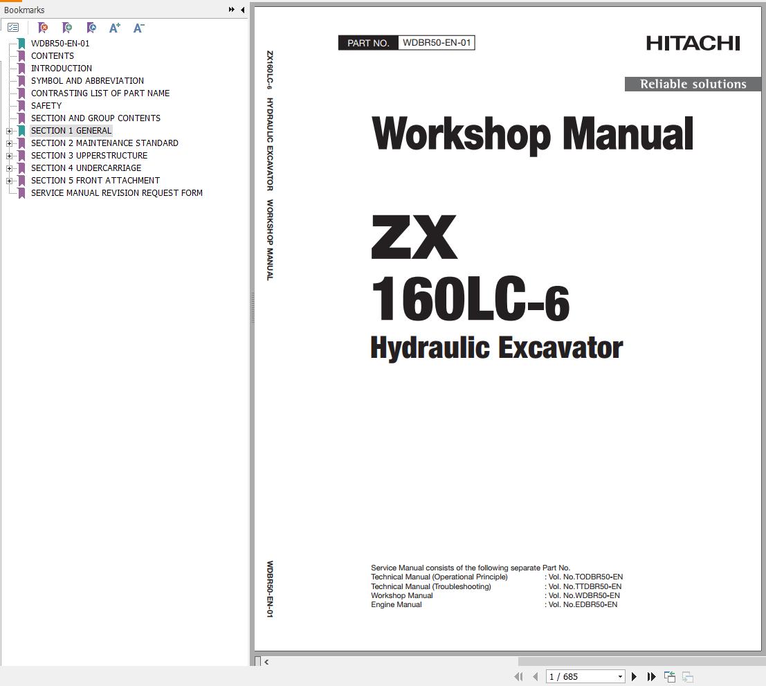 Hitachi Hydraulic Excavator ZX160LC 6 Workshop Manual WDBR50 EN 01