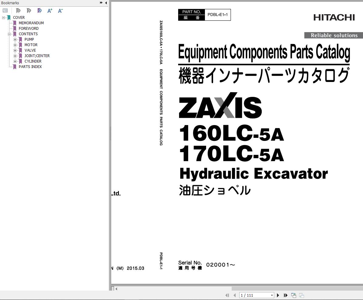 Hitachi Hydraulic Excavator ZX170LC 5A Parts Catalog EN JP