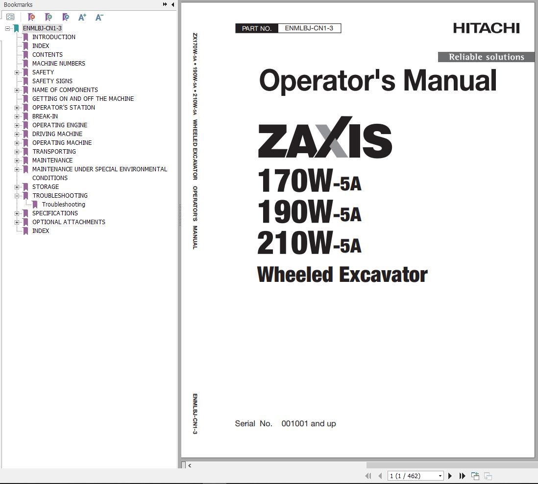 Hitachi Hydraulic Excavator ZX170W 5A Operators Manual ENMLBJ CN1 3