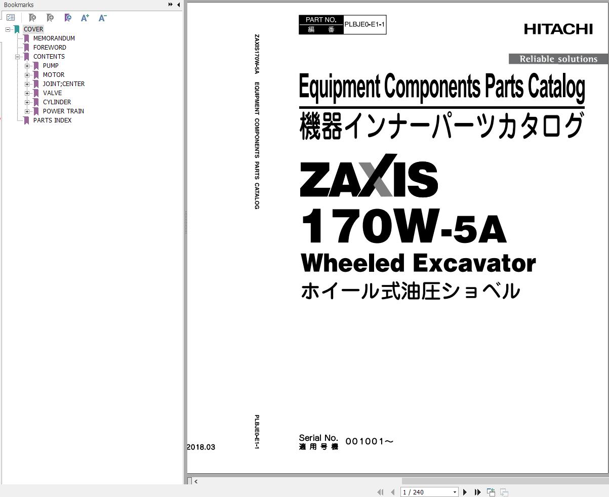 Hitachi Hydraulic Excavator ZX170W 5A Parts Catalog EN JP