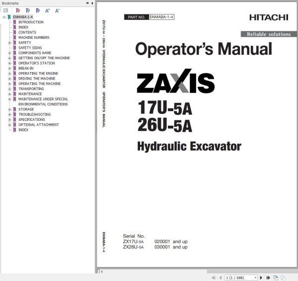 Hitachi Hydraulic Excavator ZX17U 5A ZX19U 5A Operators Manual