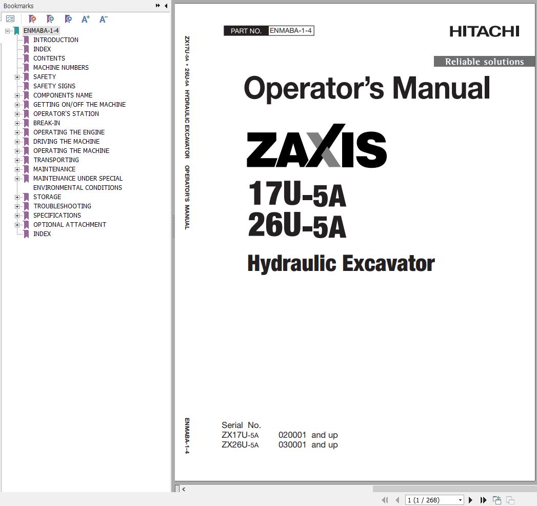 Hitachi Hydraulic Excavator ZX17U 5A ZX19U 5A Operators Manual