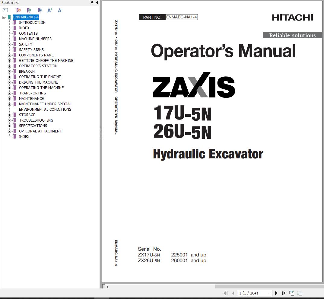 Hitachi Hydraulic Excavator ZX17U 5N ZX26U 5N Operators Manual ENMABC NA1 4