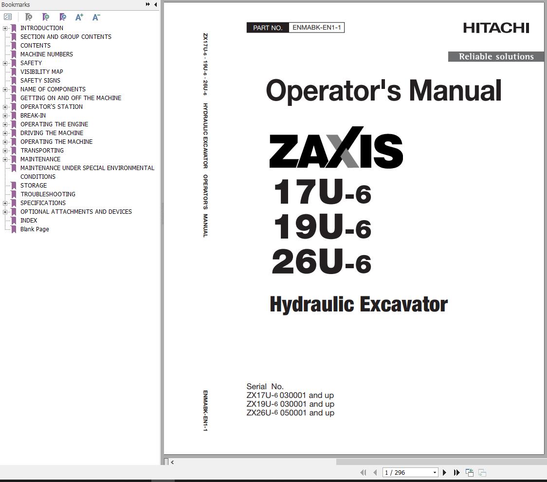Hitachi Hydraulic Excavator ZX17U 6 ZX19U 6 ZX26U 6 Operators Manual