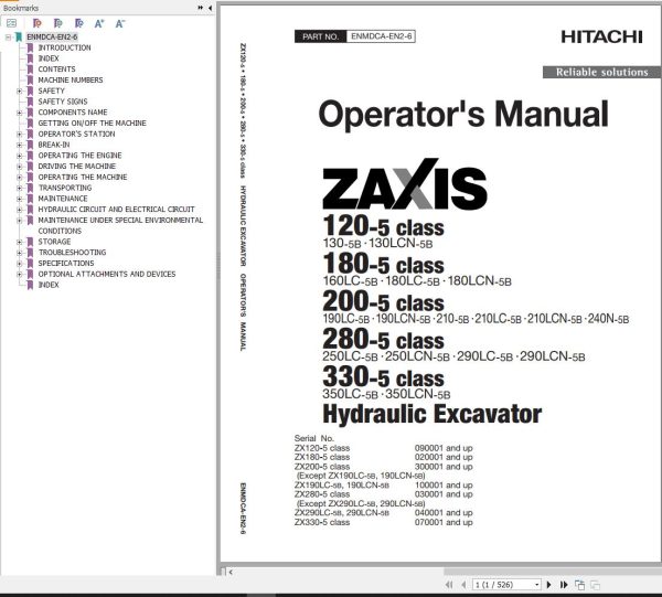 Hitachi Hydraulic Excavator ZX180LC 5B ZX180LCN 5B Operators Manual