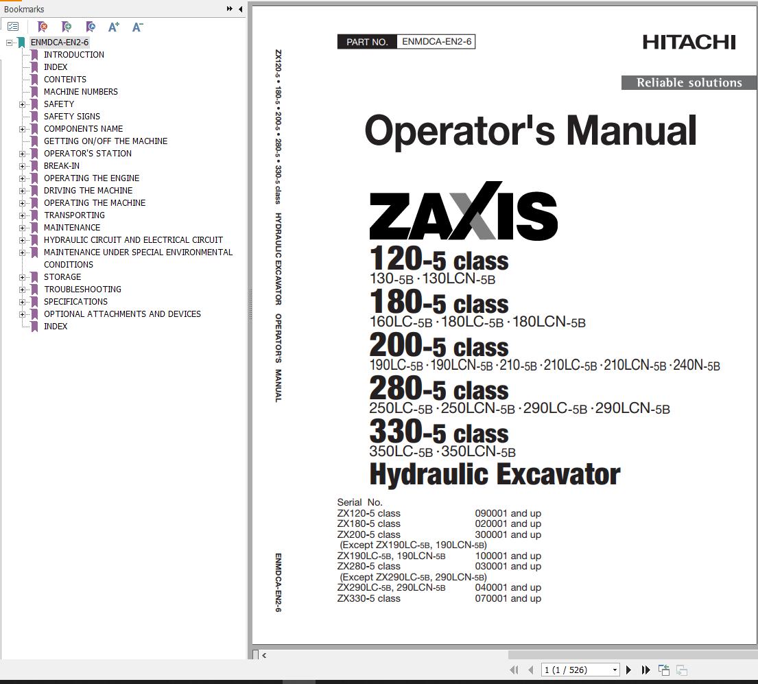 Hitachi Hydraulic Excavator ZX180LC 5B ZX180LCN 5B Operators Manual