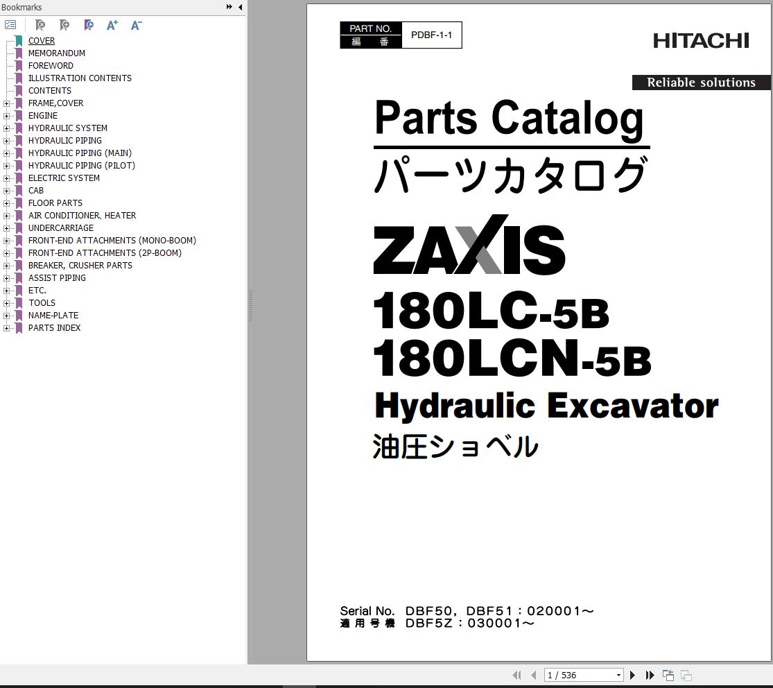 Hitachi Hydraulic Excavator ZX180LC 5B ZX180LCN 5B Parts Catalog EN JP