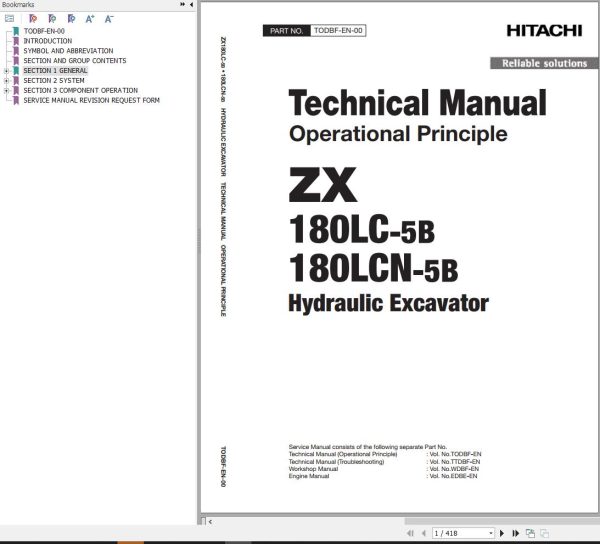 Hitachi Hydraulic Excavator ZX180LC 5B ZX180LCN 5B Technical Manual
