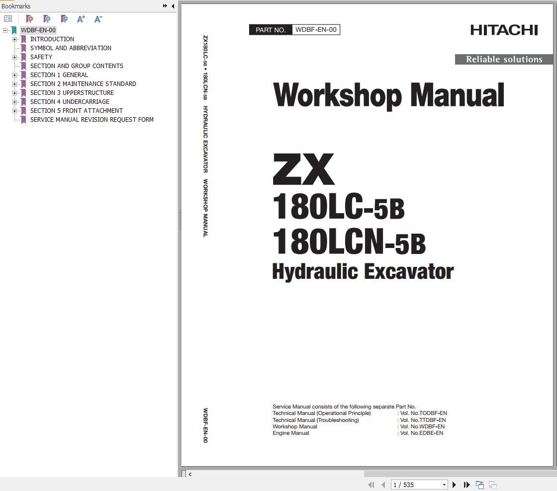 Hitachi Hydraulic Excavator ZX180LC 5B ZX180LCN 5B Workshop Manual
