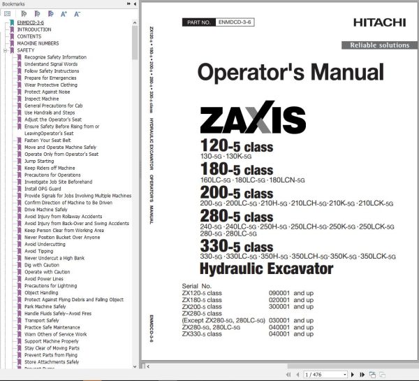 Hitachi Hydraulic Excavator ZX180LC 5G ZX180LCN 5G Operators Manual
