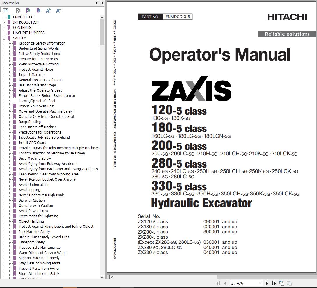 Hitachi Hydraulic Excavator ZX180LC 5G ZX180LCN 5G Operators Manual