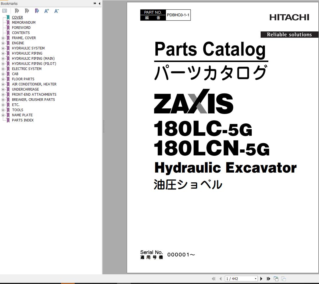 Hitachi Hydraulic Excavator ZX180LC 5G ZX180LCN 5G Parts Catalog EN JP