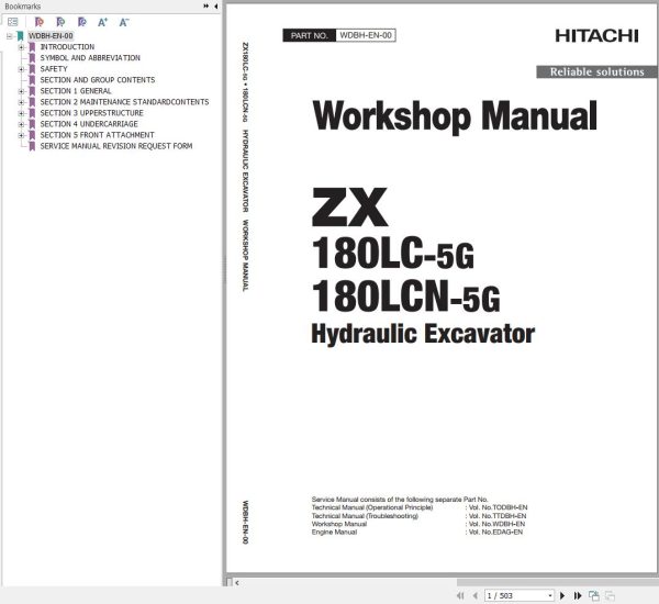 Hitachi Hydraulic Excavator ZX180LC 5G ZX180LCN 5G Workshop Manual