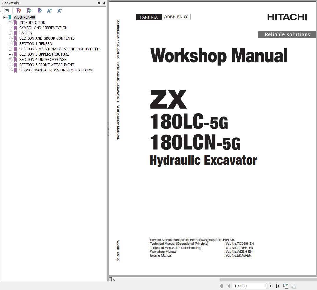 Hitachi Hydraulic Excavator ZX180LC 5G ZX180LCN 5G Workshop Manual