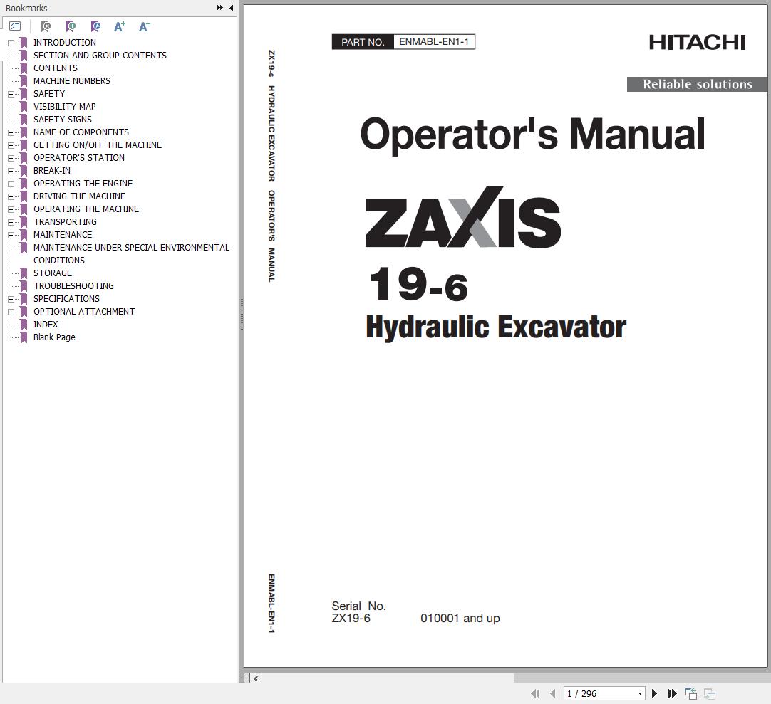 Hitachi Hydraulic Excavator ZX19 6 Operators Manual ENMABL EN1 1
