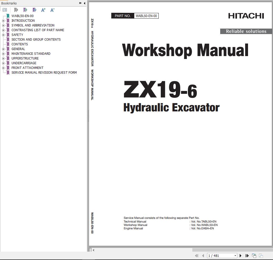 Hitachi Hydraulic Excavator ZX19 6 Workshop Manual WABL50 EN 00