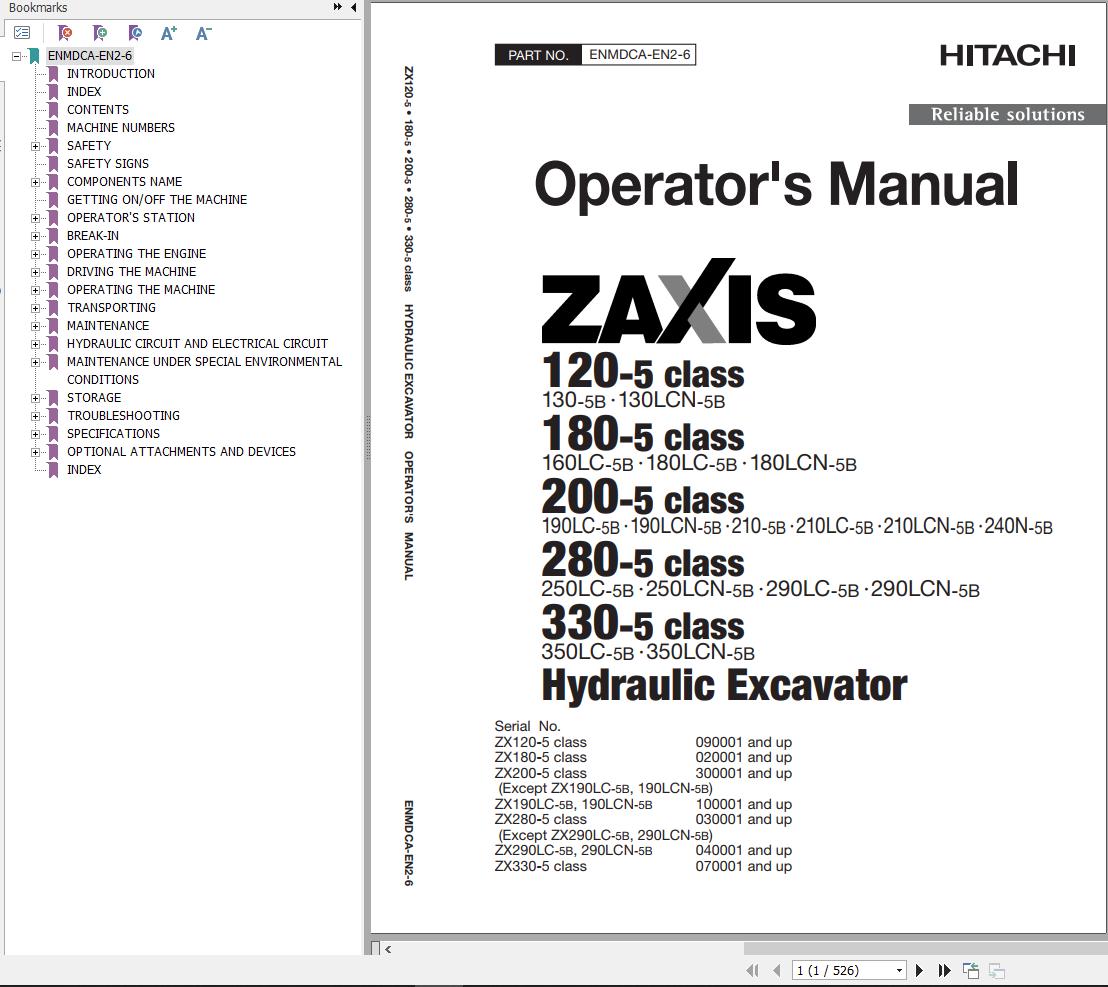 Hitachi Hydraulic Excavator ZX190LC 5B ZX190LCN 5B Operators Manual