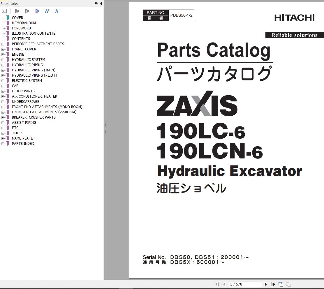 Hitachi Hydraulic Excavator ZX190LC 6 ZX190LCN 6 Parts Catalog PDBS50 1 2